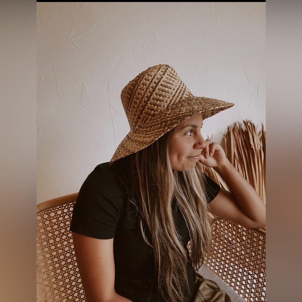 New Hand-woven Bucket Hats: tan, brown and tan, tan and black.